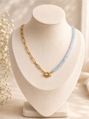 Handmade Gold Paperclip Chain and Blue Aquamarine Bead Toggle Necklace